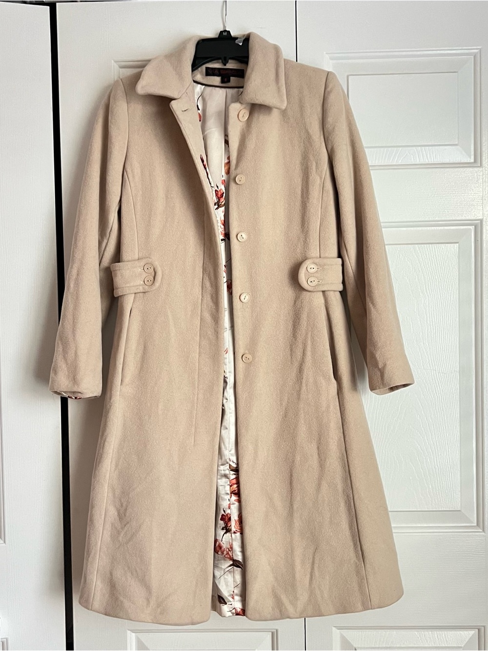 Via Spiga Beige Wool Blend Long Coat with Floral Lining
